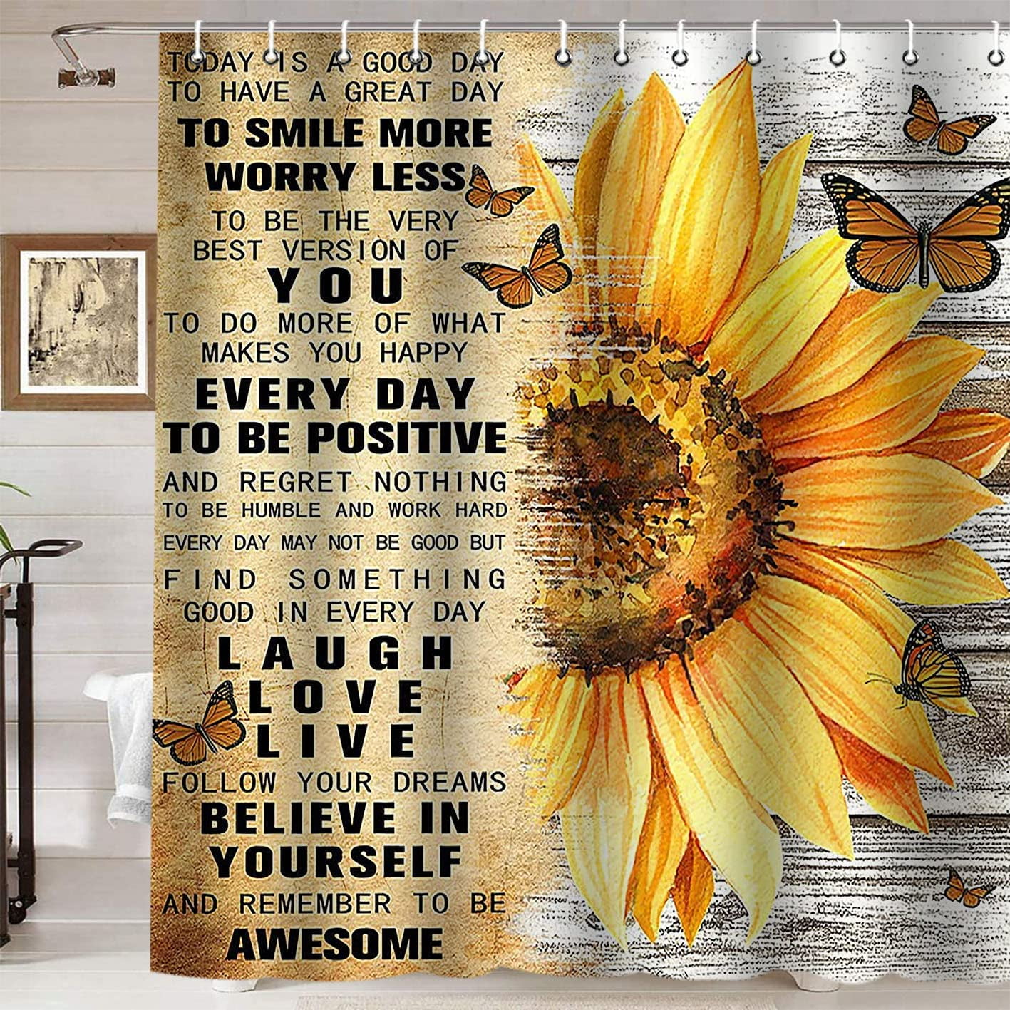 SPXUBZ Sunflower Shower Curtain, Positive Inspirational Quotes Yellow Floral Butterfly Country Rustic Farmhouse Bathroom Decor, Waterproof Fabric Shower Curtain Set , 72 X 72 Inch, Live Laugh Love