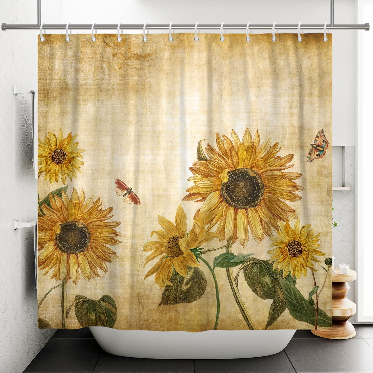 Rustic Planks Bee Gnomes Watercolor Sunflower Shower Curtain Set