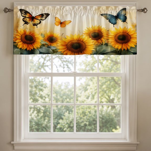 SPXUBZ Sunflowers and Monarch Butterflies Yellow Floral Window Valance, Rod Pocket Kitchen Curtains Valance for Bathroom Living Room Small Window Treatmen...