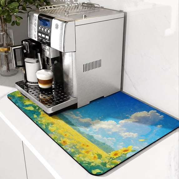SPXUBZ Sunny Sunflower Coffee Mat, Super Absorbent Coffee Machine Mat, Kitchen Counter Protector, Non Slip Coffee Station Mat, Quick Dry Dish Drying Pad for Countertop