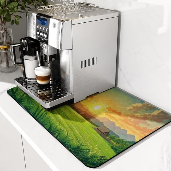 SPXUBZ Sunrise Countryside Coffee Mat, Super Absorbent Coffee Machine Mat, Kitchen Counter Drying Pad, Coffee Station Mat, Non Slip Countertop Protector, Quick Dry Dish Drying Mat