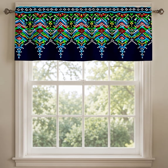 SPXUBZ Teal Blue Geometric Tribal Southwestern Window Valance, Rod Pocket Kitchen Curtains Valance for Bathroom Living Room Small Window Treatment, 1 Panel