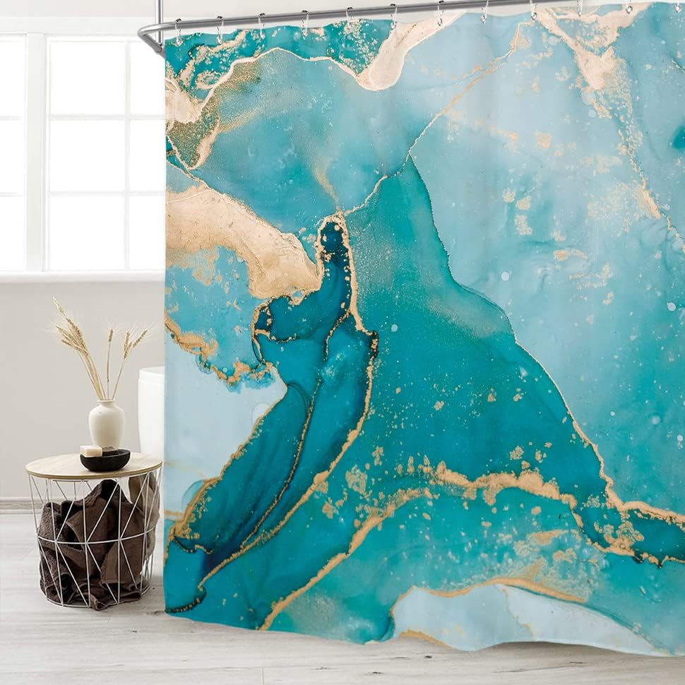SPXUBZ Teal Marble Shower Curtain Set with 12 Hooks Washable Polyester
