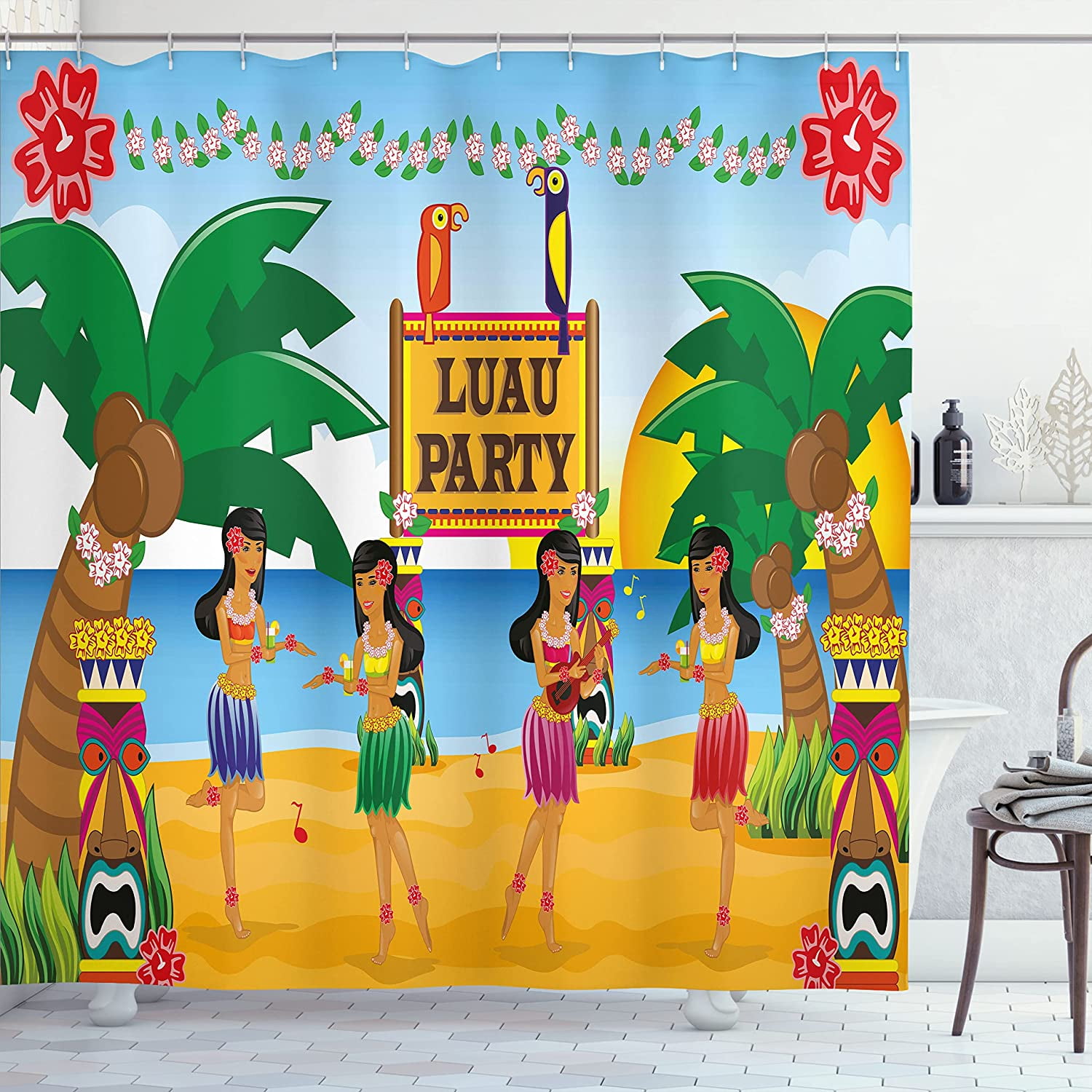 SPXUBZ Tiki Bar Shower Curtain, Hawaiian Luau Party in Funny Cartoon