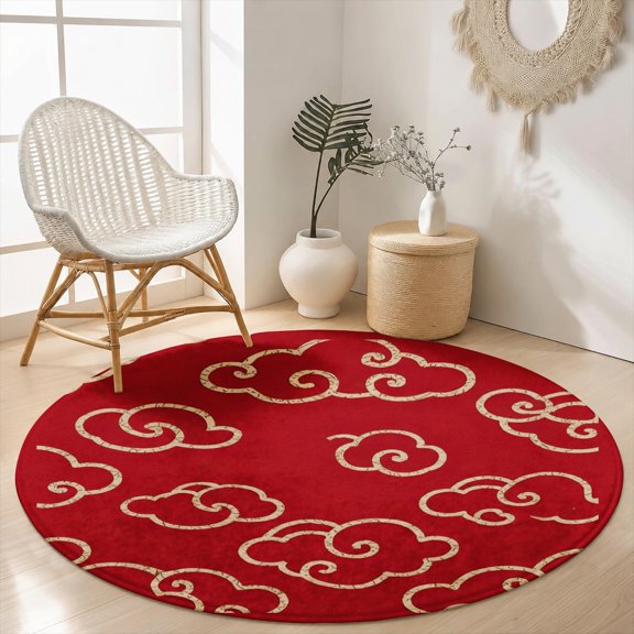 SPXUBZ Traditional Red Auspicious Cloud Round Area Rug, Soft Velvet Washable Circle Carpet, Non-Slip Floor Mat for Bedroom Living Room Oriental Antique Home Accent (31.5", 39.4", 63", 78.7")