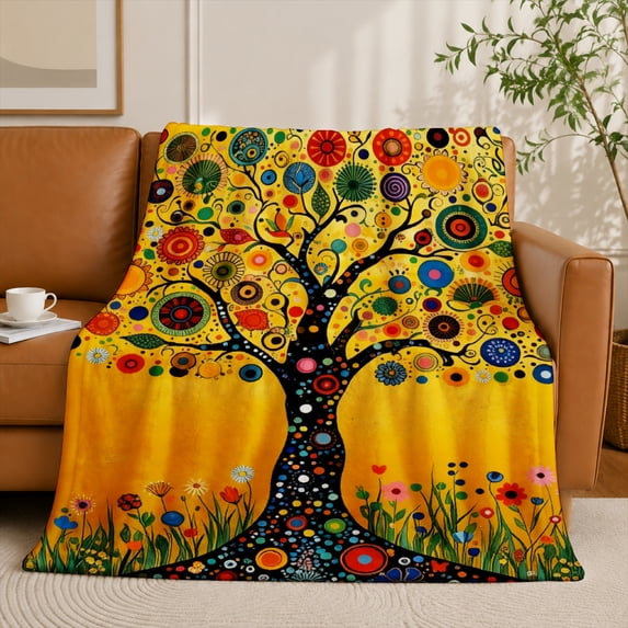 SPXUBZ Tree of Life Flannel Fleece Blanket Bohemian Nature Throw Blanket Colorful Botanical Design Soft Cozy Blanket for Bedroom Sofa 60"x50"
