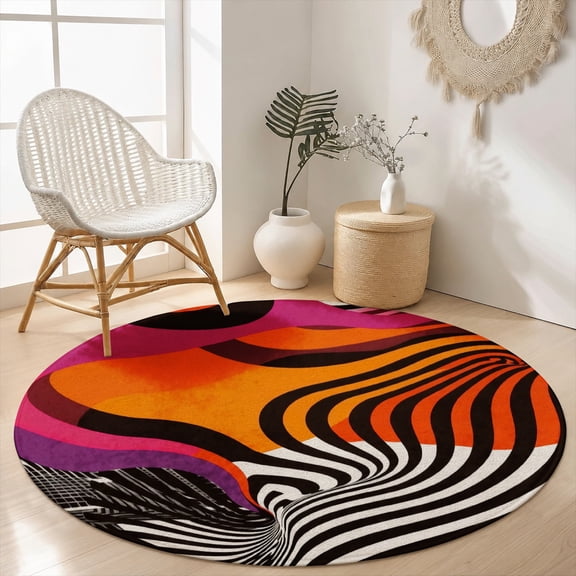 SPXUBZ Trippy Neon Orange Zebra Stripe Illusion Round Area Rug, Velvet Washable Circle Carpet, Non-Slip Floor Mat for Living Room Bedroom Abstract Pop Art Decor (31.5", 39.4", 63", 78.7")