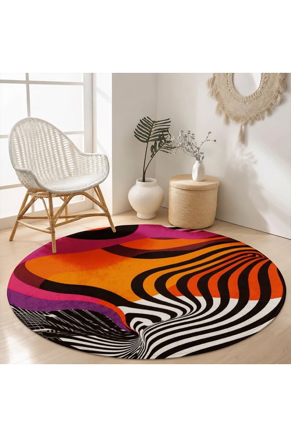 Trippy Neon Orange Zebra Stripe Illusion Round Area Rug, Velvet Washable Circle Carpet, Non-Slip Floor Mat for Living Room Bedroom Abstract Pop Art Decor (31.5", 39.4", 63", 78.7")