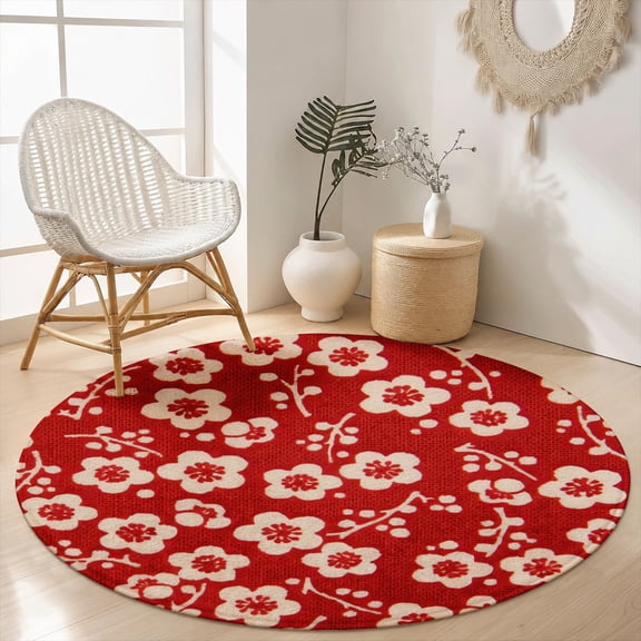 SPXUBZ Tropical Red Hibiscus Floral Round Area Rug, Soft Velvet Washable Circle Carpet, Non-Slip Backing Floor Mat for Living Room Bedroom Coastal Island Accent Decor (31.5", 39.4", 63", 78.7")