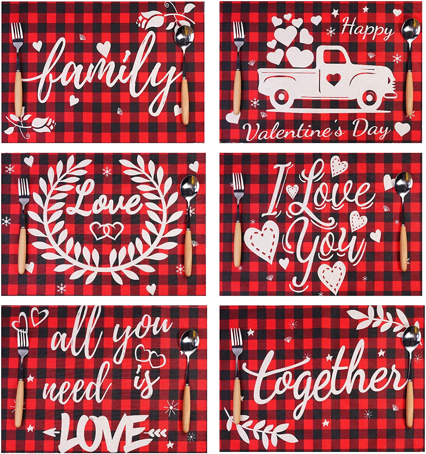 SPXUBZ Valentine's Day Placemats, Simple Red and Black Buffalo Plaid