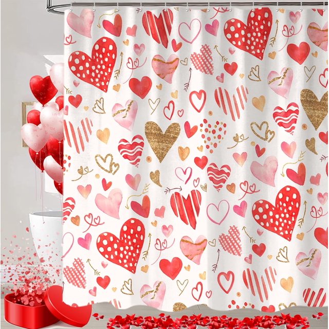 SPXUBZ Valentines Day Shower Curtain, Cute Valentine's Red Golden Pink