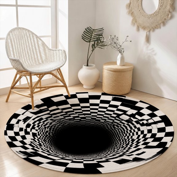 SPXUBZ Velvet Round Area Rug 3D Black White Vortex Tunnel Circular Floor Mat Soft Non-Slip Optical Illusion Carpet for Living Room Bedroom Throw Rug