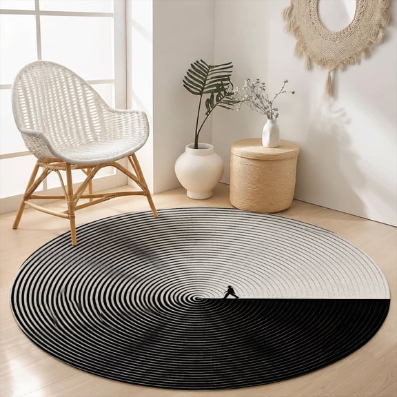 SPXUBZ Velvet Round Area Rug Abstract Black White Line Illusion Circular Floor Mat Soft Non-Slip Minimalist Modern Accent Carpet for Living Room Throw Rug