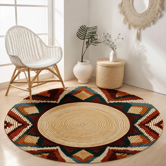 SPXUBZ Velvet Round Area Rug Aztec Tribal Geometric Medallion Circular Floor Mat Soft Non-Slip Native Southwestern Pattern Carpet for Living Room Throw Rug