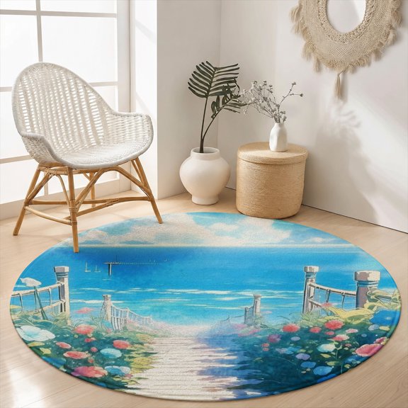 SPXUBZ Velvet Round Area Rug Beautiful Sea Beach Path Flower Circular Floor Mat Soft Non-Slip Ocean Coastal Carpet for Living Room Bedroom Throw Rug