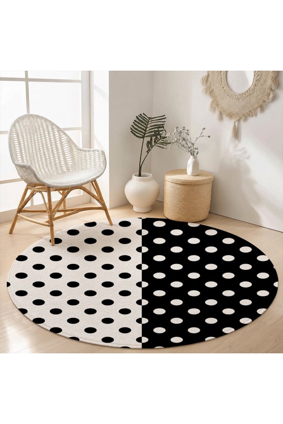 Velvet Round Area Rug Classic Black White Polka Dot Circular Floor Mat Soft Non-Slip Retro Mod Geometric Accent Carpet for Playroom Living Room Throw Rug