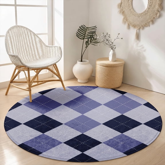 SPXUBZ Velvet Round Area Rug Classic Blue White Gingham Checkered Circular Floor Mat Soft Non-Slip Modern Geometric Diamond Accent Carpet for Bedroom Throw Rug