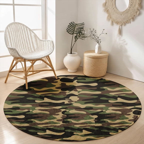 SPXUBZ Velvet Round Area Rug Classic Military Camouflage Camo Pattern Circular Floor Mat Soft Non-Slip Tactical Army Hunter Decor Carpet for Boy Room Throw Rug
