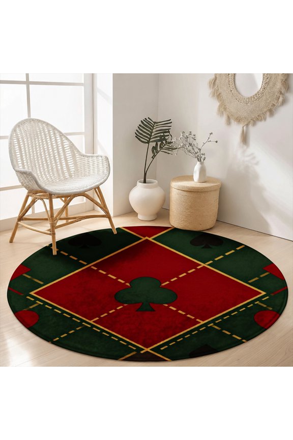 Velvet Round Area Rug Classic Red Green Plaid Argyle Circular Floor Mat Soft Non-Slip Tartan Checkered Holiday Decor Carpet for Living Room Throw Rug