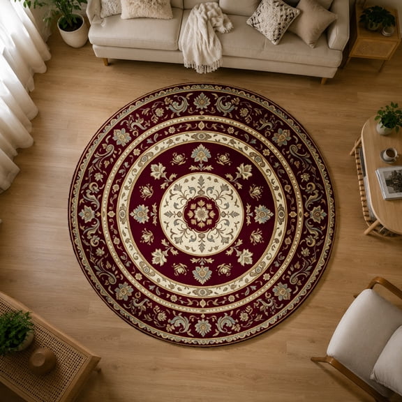 SPXUBZ Velvet Round Area Rug Classic Red White Luxury Medallion Carpet Circular Floor Mat Soft Non-Slip Accent Carpet for Living Room Bedroom Vintage Boho Home Decor Throw Rug
