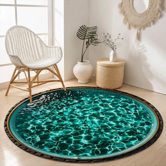 SPXUBZ Velvet Round Area Rug Clear Sparkling Swimming Pool Water Circular Floor Mat Soft Non-Slip Refreshing Blue Aqua Accent Carpet for Bathroom Throw Rug