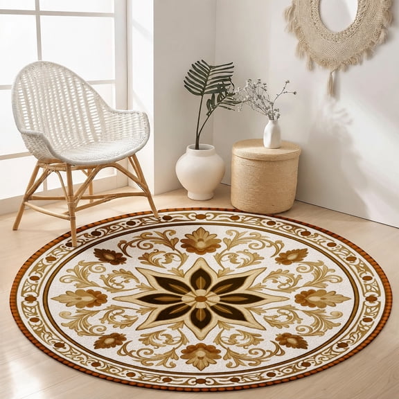 SPXUBZ Velvet Round Area Rug Cream Tan Coffee Classic Luxury Palace Circular Floor Mat Soft Non-Slip Accent Carpet for Living Room Bedroom Vintage Boho Home Decor Throw Rug
