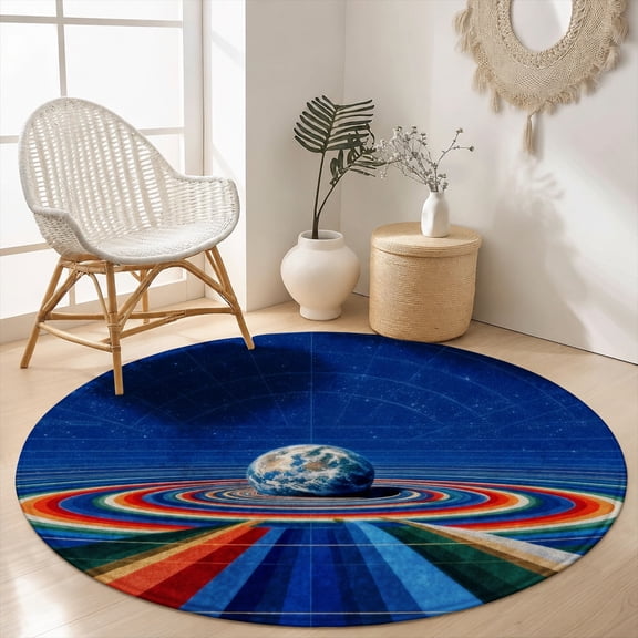 SPXUBZ Velvet Round Area Rug Creative Rainbow Road Space Planet Circular Floor Mat Soft Non-Slip Abstract Cosmic Accent Carpet for Living Room Throw Rug