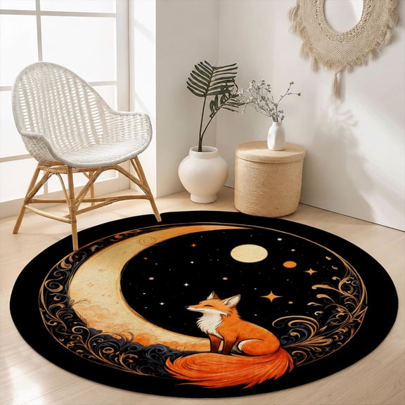 SPXUBZ Velvet Round Area Rug Cute Autumn Fox Crescent Moon Circular Floor Mat Soft Non-Slip Whimsical Animal Forest Decor Carpet for Kids Room Throw Rug