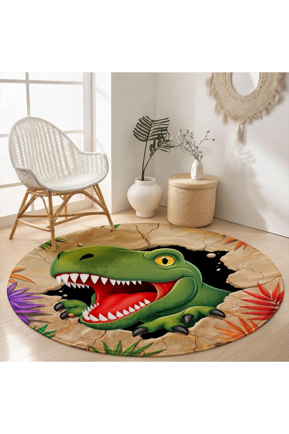 Velvet Round Area Rug Cute Green Dinosaur T-Rex Circular Floor Mat Soft Non-Slip Kids Play Mat for Bedroom Nursery Cartoon Decor Throw Rug