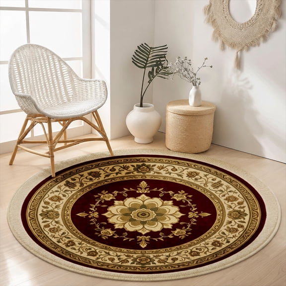 SPXUBZ Velvet Round Area Rug Dark Chocolate Tan Premium Medallion Circular Floor Mat Soft Non-Slip Accent Carpet for Living Room Bedroom Vintage Boho Home Decor Throw Rug