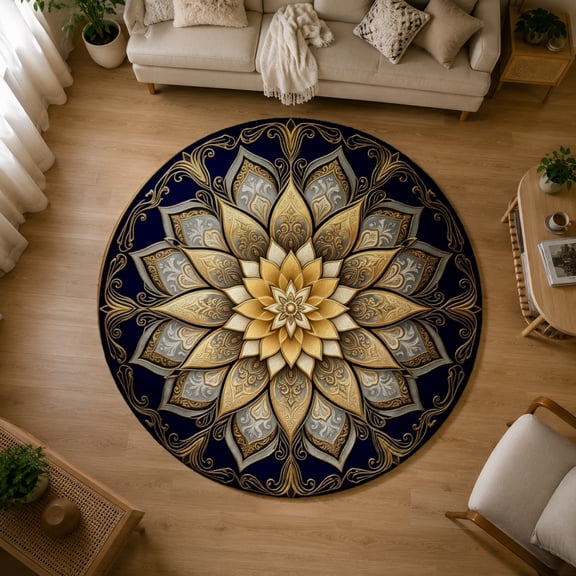 SPXUBZ Velvet Round Area Rug Dark Grey Golden Modern Metal Mandala Circular Floor Mat Soft Non-Slip Accent Carpet for Living Room Bedroom Vintage Boho Home Decor Throw Rug