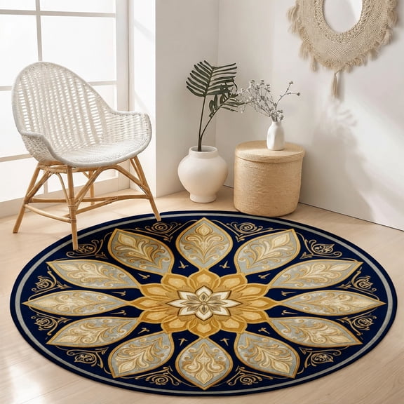 SPXUBZ Velvet Round Area Rug Deep Navy Cream Geometric Star Medallion Circular Floor Mat Soft Non-Slip Accent Carpet for Living Room Bedroom Vintage Boho Home Decor Throw Rug