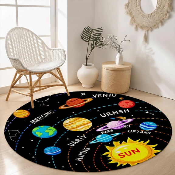 SPXUBZ Velvet Round Area Rug Educational Solar System Planets Circular Floor Mat Soft Non-Slip Cartoon Space Galaxy Carpet for Kids Playroom Throw Rug