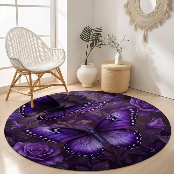 SPXUBZ Velvet Round Area Rug Gothic Purple Butterfly Rose Flower Circular Floor Mat Soft Non-Slip Romantic Mystic Floral Carpet for Bedroom Decor Throw Rug