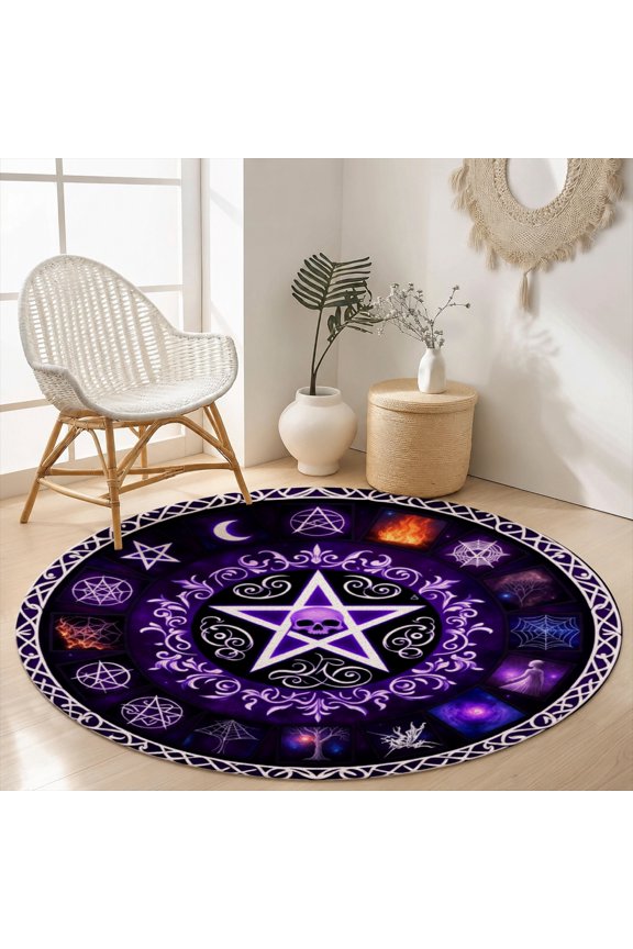 Velvet Round Area Rug Gothic Witchy Pentagram Purple Magic Circular Floor Mat Soft Non-Slip Wiccan Pagan Occult Accent Carpet for Bedroom Throw Rug