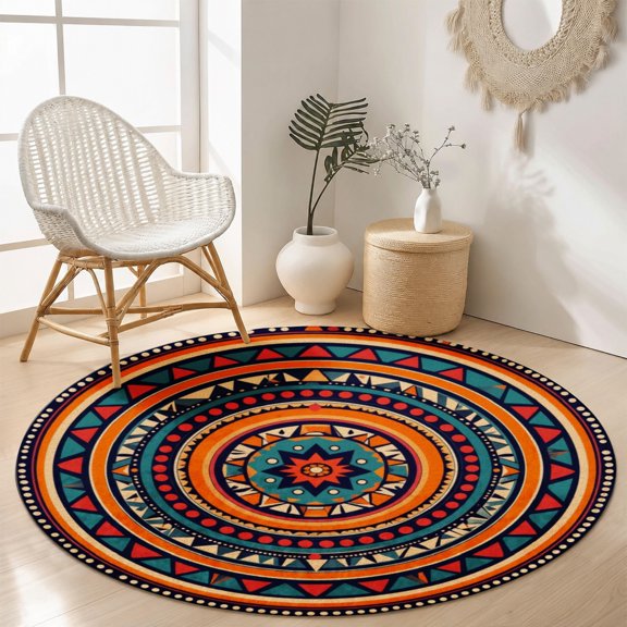 SPXUBZ Velvet Round Area Rug Intricate Geometric Mandala Wheel Circular Floor Mat Soft Non-Slip Ethnic Boho Medallion Carpet for Living Room Throw Rug