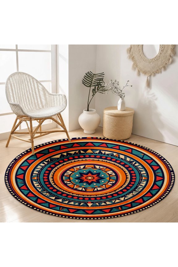 Velvet Round Area Rug Intricate Geometric Mandala Wheel Circular Floor Mat Soft Non-Slip Ethnic Boho Medallion Carpet for Living Room Throw Rug