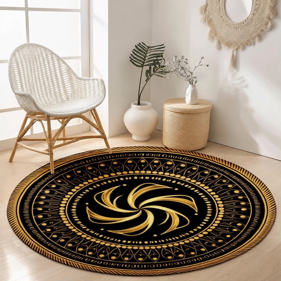 SPXUBZ Velvet Round Area Rug Luxury Black Gold Spiral Vortex Circular Floor Mat Soft Non-Slip Elegant Traditional Accent Carpet for Dining Room Throw Rug