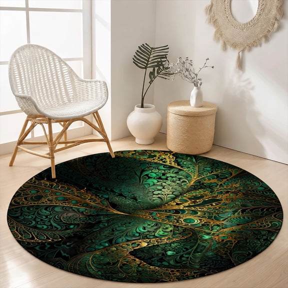 SPXUBZ Velvet Round Area Rug Luxury Emerald Green Gold Glitter Veins Circular Floor Mat Soft Non-Slip Abstract Marble Texture Carpet for Living Room Throw Rug