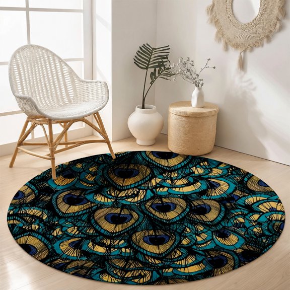 SPXUBZ Velvet Round Area Rug Luxury Gold Peacock Feather Pattern Circular Floor Mat Soft Non-Slip Teal Elegant Animal Texture Carpet for Living Room Throw Rug