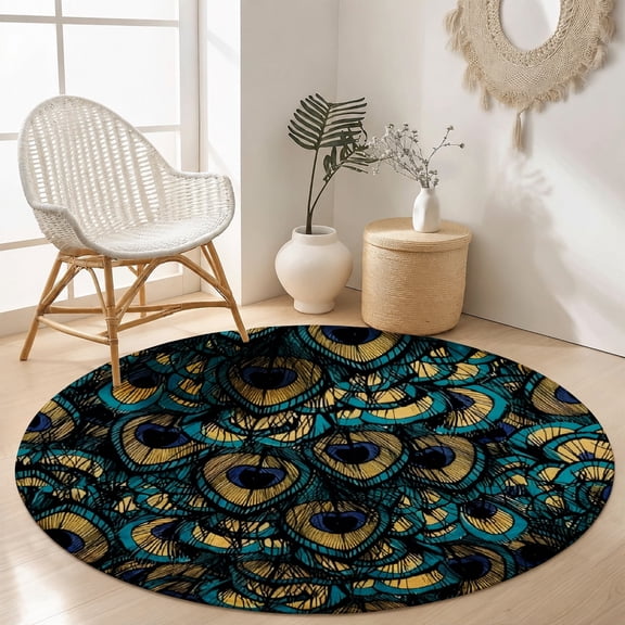 SPXUBZ Velvet Round Area Rug Luxury Gold Peacock Feather Pattern Circular Floor Mat Soft Non-Slip Teal Elegant Animal Texture Carpet for Living Room Throw Rug