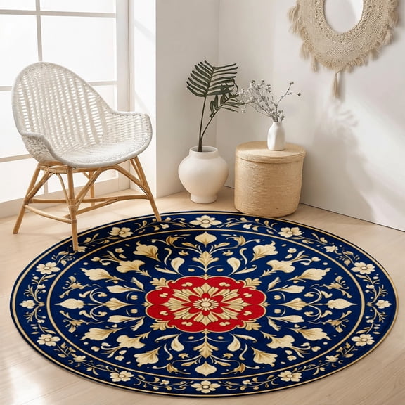 SPXUBZ Velvet Round Area Rug Luxury Royal Blue Red Persian Circular Floor Mat Soft Traditional Medallion Accent Carpet for Living Room Bedroom Boho Home Decor Non-Slip Throw Rugs