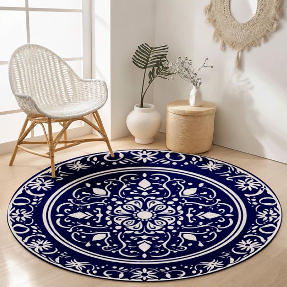 SPXUBZ Velvet Round Area Rug Luxury Royal Blue Red Persian Circular Floor Mat Soft Traditional Medallion Accent Carpet for Living Room Bedroom Boho Home Decor Non-Slip Throw Rugs