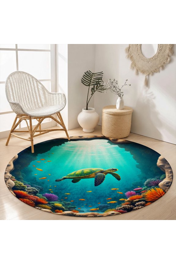 Velvet Round Area Rug Magical Underwater Sea Turtle Coral Circular Floor Mat Soft Non-Slip Marine Ocean Life Carpet for Kids Playroom Throw Rug