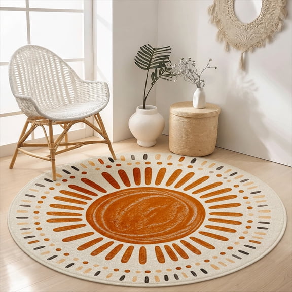 SPXUBZ Velvet Round Area Rug Retro Boho Sunburst Mandala Circular Floor Mat Soft Non-Slip Terracotta Sun Ray Accent Carpet for Living Room Bedroom Throw Rug