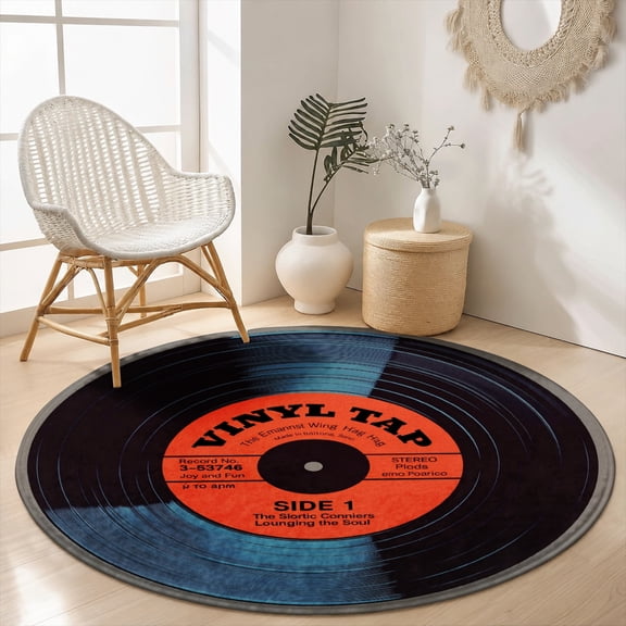 SPXUBZ Velvet Round Area Rug Retro Vinyl Record Music Disc Circular Floor Mat Soft Non-Slip Creative Vintage Audio Accent Carpet for Music Room Throw Rug