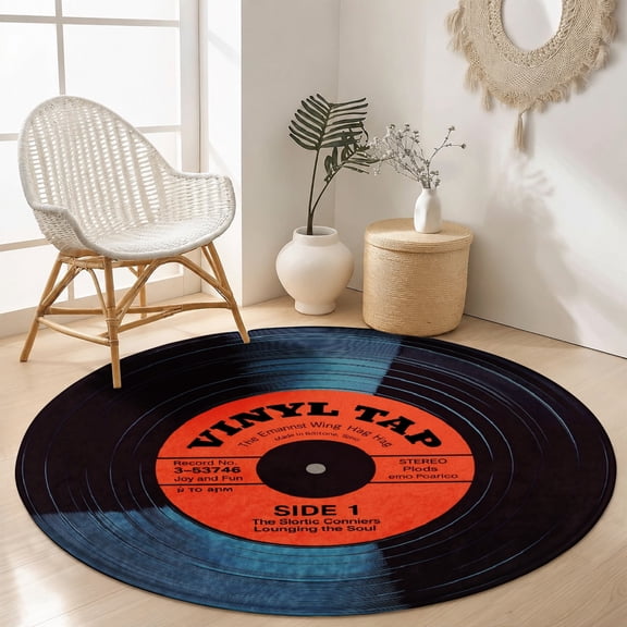 SPXUBZ Velvet Round Area Rug Retro Vinyl Record Music Disc Circular Floor Mat Soft Non-Slip Creative Vintage Audio Accent Carpet for Music Room Throw Rug