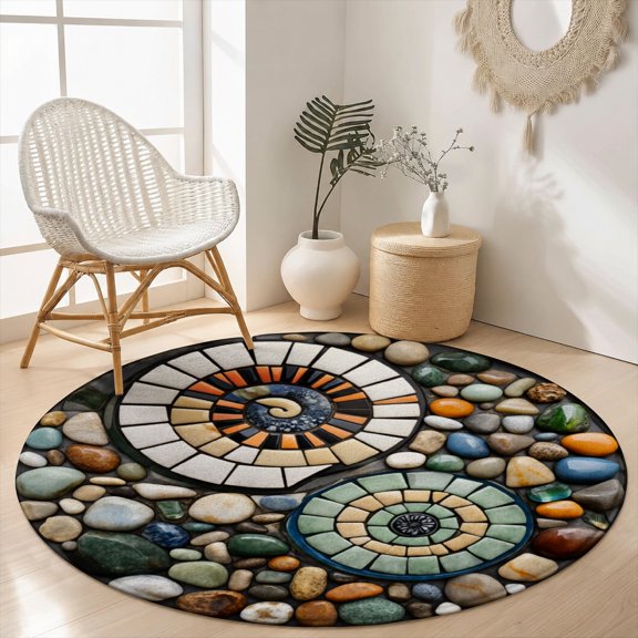 SPXUBZ Velvet Round Area Rug Rustic River Stone Pebble Mosaic Circular Floor Mat Soft Non-Slip Natural Texture Accent Carpet for Bathroom Decor Throw Rug