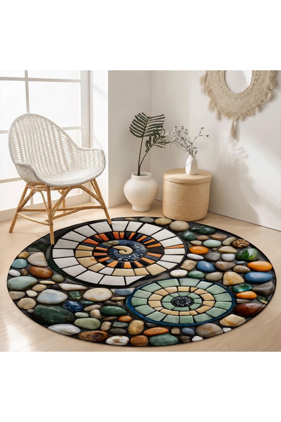 Velvet Round Area Rug Rustic River Stone Pebble Mosaic Circular Floor Mat Soft Non-Slip Natural Texture Accent Carpet for Bathroom Decor Throw Rug