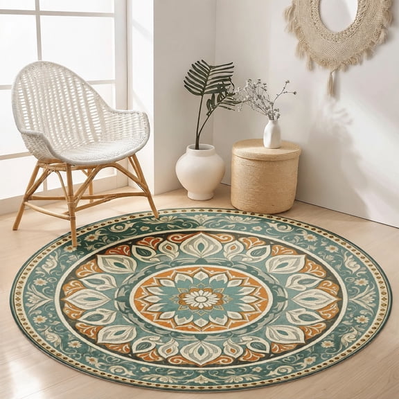 SPXUBZ Velvet Round Area Rug Soft Sage Teal Modern Boho Mandala Circular Floor Mat Soft Non-Slip Accent Carpet for Living Room Bedroom Vintage Boho Home Decor Throw Rug